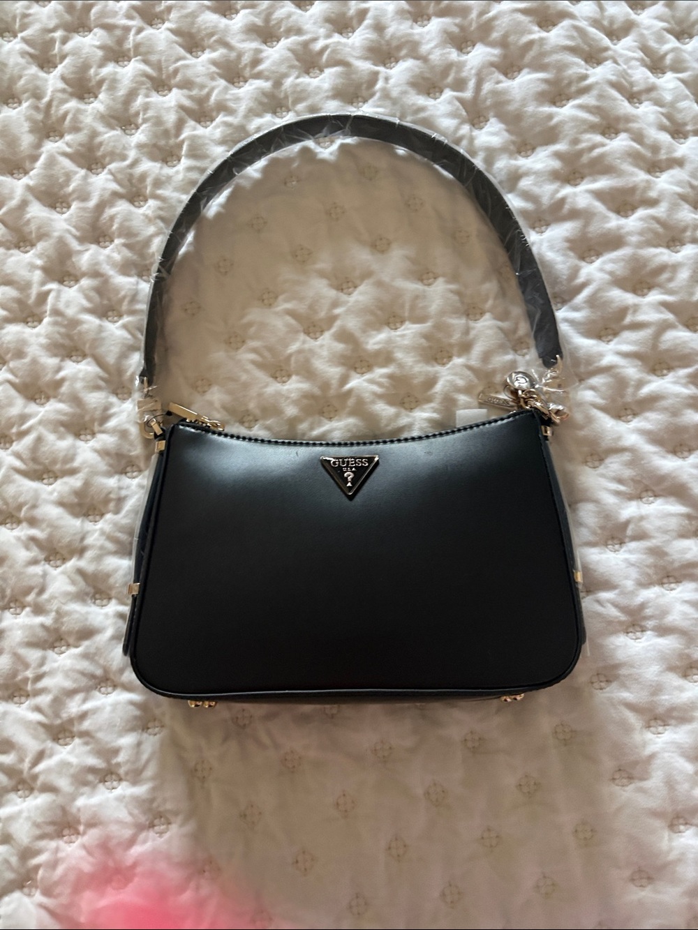 GUESS Black Structured Shoulder Bag with Gold Accents